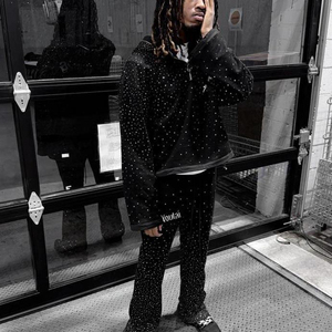 Conjuntos de Sudadera con Capucha y Pantalones Acampanados de Algodón 100% Pesado con Logo Estampado de Pedrería, Personalizados en Negro, de Dos Piezas para Hombre, Ideales para Invierno - Product Image 2