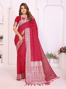 Women's <b>Red</b> <b>Silk</b> Saree With Silver Border And Blouse For Wedding Occasion Traditional Indian Wear - Product Image 1