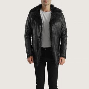 Men's <b>Black</b> Genuine Leather Fur Collar Jacket Winter Warm Shearling Coat Fashion Casual Biker Outerwear Custom OEM Manufacturers - Product Image 4