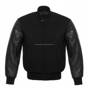 Chaqueta bomber para hombre, chaqueta de béisbol con estampado de letras, de lana negra auténtica y mangas de cuero negro genuino - Product Image 3