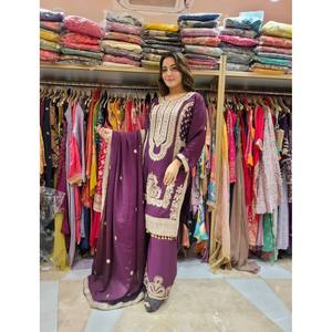 ชุดสัลวาร์ คามีซ ผ้าโพลีเอสเตอร์แฟนซี ไซส์ XL พร้อมเสื้อและกางเกงปักลายด้วยดิ้นและเลื่อม สำหรับงานแต่งงาน - Product Image 3