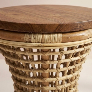 Modern Boho Solid Wooden Top Natural Rattan Base Round Side <b>Table</b> Handcrafted Small Coffee <b>Table</b> Accent End <b>Table</b> For Living Roo - Product Image 3