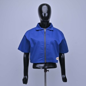 Blue Short Sleeve Bomber <b>Jacket</b> Women's Crop Zipper Front Solid Color Turn-down <b>Collar</b> Breathable Trendy Polyester Summer Style - Product Image 1