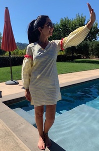 Amazing Mummy & Me <b>Matching</b> Perfect Fit White & Yellow Striped Summer Outfit Decorated With Floral Embroidered & Pom Pom Trim - Product Image 3