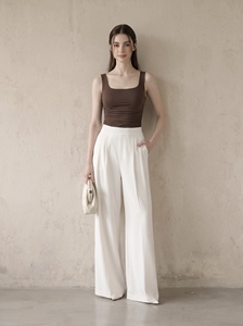 Pantalon large taille haute élégant et décontracté pour femme, en polyester et élasthanne, coupe ajustée, style minimaliste, idéal pour le bureau - ODM/OEM - Product Image 2