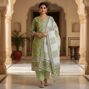 Conjunto de Pijama Kurti Sarong de Algodón con Estampado Floral Verde y Blanco |   Ropa de Playa para Mujer de Alta Calidad con Estampado Artesanal |   Ropa Casual Étnica para Estar en Casa - Product Image 2