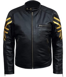 Blouson en cuir noir haut de gamme pour homme, coupe ajustée, avec patch drapeau doré, en cuir d'agneau véritable, vêtement de moto, vente en gros - Product Image 3