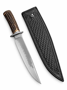 Cuchillo de Caza Hecho a Mano de Grado Industrial con Hoja de Acero Inoxidable de 0.5mm de Grosor, Punta Clip y Mango de Cuerno de Ciervo, con Funda Negra Trenzada - Product Image 1