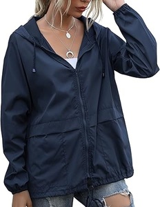 Veste coupe-vent pour femme de qualité supérieure, couleur bleu marine, avec capuche, fermeture éclair, style sport, veste oversize allongée - Product Image 3