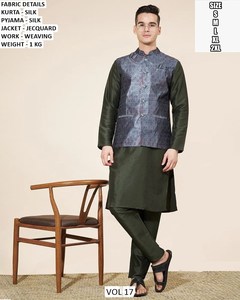 Bandhani Royal Blue <b>Silk</b> Men's Traditional <b>Kurta</b> Pajama with Designer Jacquard Nehru Jacket - Product Image 3
