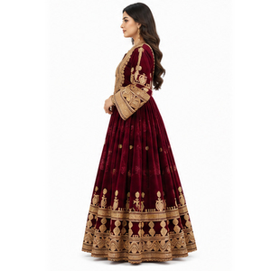 Robe de mariée pakistanaise pour femmes, Salwar Kameez en soie longue, couleur marron, broderie dorée, coupe ample, style hiver, robe afghane Kuchi - Product Image 2