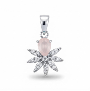 Rhaya Jewels - Colgante clásico de plata de ley minimalista hecho a mano para mujer, chapado en rodio, con cuarzo rosa de corte brillante y circonita cúbica en forma de flor - Product Image 1