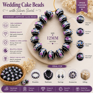 Cuentas de cristal de vidrio lampwork negras para pastel de boda, con espiral plateada, 12 mm |   EXCEL EXPORTS Cuentas Decorativas para Pendientes y Collares - Product Image 6