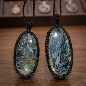 Collier pendentif en pierre naturelle Ha Gems, style bohème, serti de macramé, forme ovale, unisexe, à porter au quotidien, cordon noir, 18 pouces - Product Image 1
