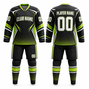 Conjunto de camiseta de hockey personalizada, negro, verde, blanco, estampado por sublimación, nombre del club, número del jugador 00, ropa deportiva para todas las estaciones - Product Image 1
