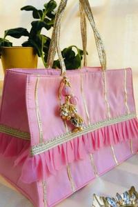 Elegant Blush <b>Pink</b> Handcrafted Potli Handbag with Gold Zari Stripes Ruffled Organza Detail and Decorative Tassel Charm - Product Image 3