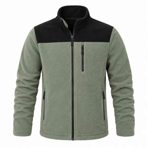 Men's sage green Color Block polar <b>Fleece</b> Jacket Stand Collar Zipper Pockets Winter Warm Coat <b>sherpa</b> - Product Image 1