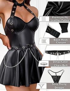 Custom OEM ODM Manufacturer Women Sexy Latex <b>Leather</b> <b>Bodysuit</b> with Mini Skirt Set Black PU <b>Leather</b> Tight Fit Clubwear Night - Product Image 4