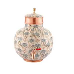 Artisan Blue Floral Printed Copper <b>Water</b> Dispenser <b>5L</b> Large Capacity Ayurvedic Pure Metal Storage Tank for Natural Wellness - Product Image 1