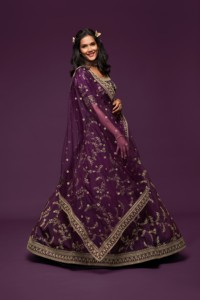 Purple Embroidered Bridesmaid <b>Lehenga</b> Set Art Silk Choli Dupatta Floor-Length A-Line Wedding Festival Outfit - Product Image 2