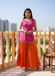 Indian Style Chinon Silk Embroidery Work With Sequence Multi Needle Embroidery Work Zari Work <b>Top</b> and Natural Crape Silk Sharara - Product Image 3