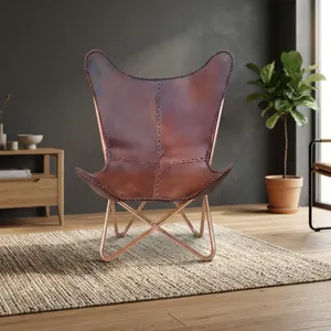 Modern <b>Leather</b> Butterfly <b>Chair</b> Metal Frame Split Back Design Midcentury Style Leisure <b>Chair</b> Living Room Furniture - Product Image 4