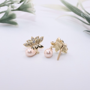 Yellow Gold Lotus Flower Lab Grown <b>Diamond</b> Stud <b>Earrings</b> with <b>Pearl</b> Drop Minimalist Design for Wedding Engagement Gift Women - Product Image 2