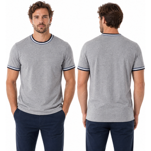 Camiseta de cuello redondo para hombre, muy demandada, en gris jaspeado, azul marino y blanco, con rayas triples, cuello acanalado y manga corta. - Product Image 3