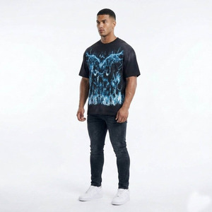 T-shirt à manches courtes noir pour homme avec imprimé crâne bleu et éclairs, col rond, coupe décontractée, jersey de coton - Product Image 3