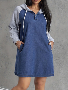 Wholesale Women's Casual Vintage Knee-Length Color-Blocked Letter Plain Dyed Drawstring Hooded Pocket Knit Denim Dress - Product Image 3