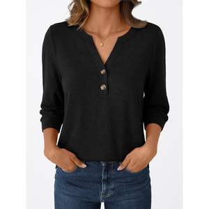 2025 blusas de verano para mujer, blusas con botones y cuello en V de manga larga 3/4, ropa de negocios de seda XL/elegante/informal a la moda para primavera - Product Image 2