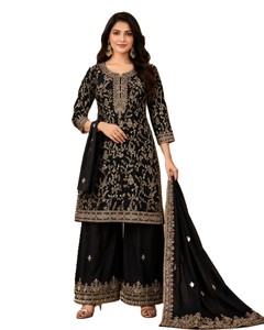 Traje de 3 Piezas Negro Bordado para Mujer con Diseño Floral, Top Largo y Pantalones Palazzo, Estilo Elegante para Todas las Temporadas - Product Image 1