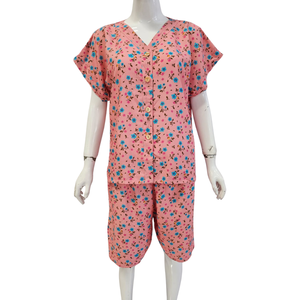 Conjunto de Pijama de Algodón con Estampado Floral para Mujer, Manga Corta, Cuello en V, Pantalones Cortos con Cordón, Ropa de Dormir Informal de Verano, Teñido Suave - Product Image 3