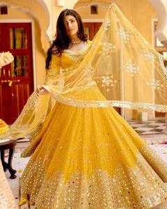 Indian Traditional Ethnic Georgette Lehenga Choli with <b>Mirror</b> Work for Wedding Wear Yellow Lehenga for Women Fancy Outfit - Product Image 1