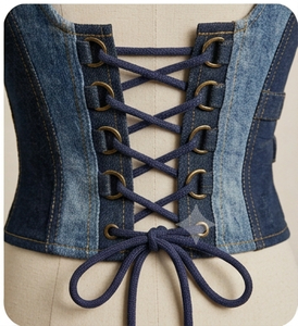 Denim <b>Patchwork</b> Corset <b>Top</b> Spaghetti Strap Halter Lace Up Bodycon Fitted Casual Wear All Seasons Breathable Woven Fabric - Product Image 2