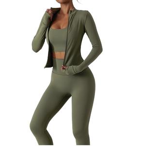 Ensemble de yoga 3 pièces pour femme : soutien-gorge à col rond, leggings et veste, respirant, sans coutures, extensible dans les quatre sens - Product Image 1