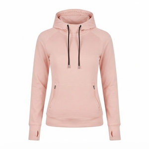 Sweat-shirt à capuche pour femme, couleur unie, polyester/coton, tricoté, manches longues, poches zippées, respirant, hiver, logo frontal - Product Image 2