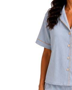 Conjunto de Pijama de Verano para Mujer, Color Azul Cielo, Personalizado, Manga Corta, con Botones, Ropa de Dormir Suave y Transpirable, con Ribete en Contraste - Product Image 4