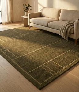 Alfombra de área de lana verde oliva de alta demanda, hecha a mano, antideslizante, de pelo medio, con patrón abstracto y respaldo de silicona de algodón para interiores modernos. - Product Image 6