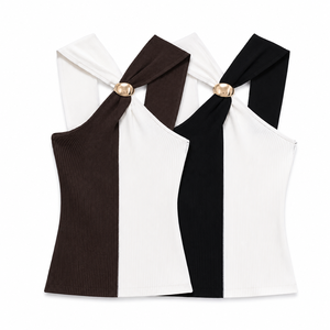Camisetas sin mangas de punto transpirables con cuello halter y bloques de color, estilo vintage sin espalda, elegantes y a la moda para mujer 2025 - Product Image 1