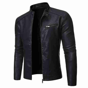 New Style Men's Brown PU Leather <b>Jacket</b> <b>Slim</b> <b>Fit</b> Stand Collar Zipper Closure Autumn Style Solid Color Regular Length - Product Image 2