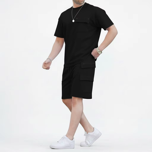 Men's Black Casual Two Piece <b>Set</b> Crew Neck T-Shirt And Cargo Shorts Solid Color Breathable <b>Knitted</b> Summer Wear - Product Image 1