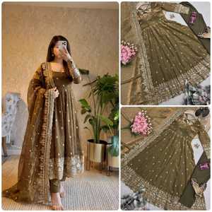 Women’s Designer Party Wear Gown Set | Heavy Fandy Silk Embroidered <b>Sequin</b> Gown with <b>Pant</b> & Dupatta - Product Image 4
