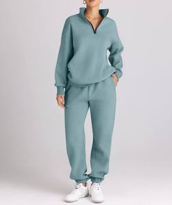 Women's Light Blue Half-<b>Zip</b> Tracksuit Set Full Sleeve Solid Color Casual Sweatshirt And Pants With Side Pockets Autumn Wear - Product Image 5