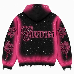 Sweat à capuche personnalisé avec strass, dégradé noir et rose, fermeture éclair, coupe ample, unisexe, streetwear, vêtements d'automne - Product Image 2