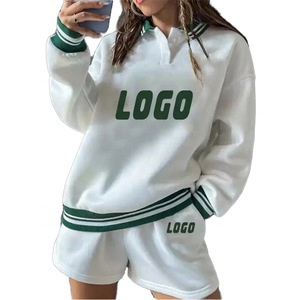 Women <b>2</b> <b>Piece</b> Shorts <b>Set</b> <b>White</b> Green Logo Print Sailor Collar Fleece Sporty Loose Fit Spring Summer Casual Wear - Product Image 1