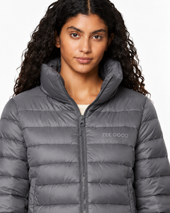 Chaqueta acolchada ligera gris para mujer, con cuello alto y cremallera, abrigo informal de invierno, ropa exterior cálida, chaqueta acolchada. - Product Image 6