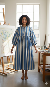 Robe Courte Trapèze Femme en Coton 100% à Rayures Florales Bleues, Coupe Droite Bohème, Manches Longues, Décontractée et Confortable, Taille Naturelle, Pour Tous les Jours - Product Image 3