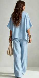 Ensemble deux pièces pour femmes, bleu clair uni, col rabattu, haut boutonné, pantalon large, tenue d'été décontractée - Product Image 3