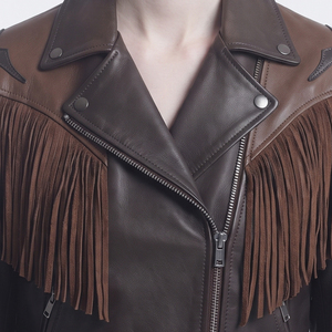 <b>Women's</b> Premium <b>Leather</b> Fringe <b>Jacket</b> with Zipper Closure Turn-Down Collar Breathable & Customizable - Product Image 5